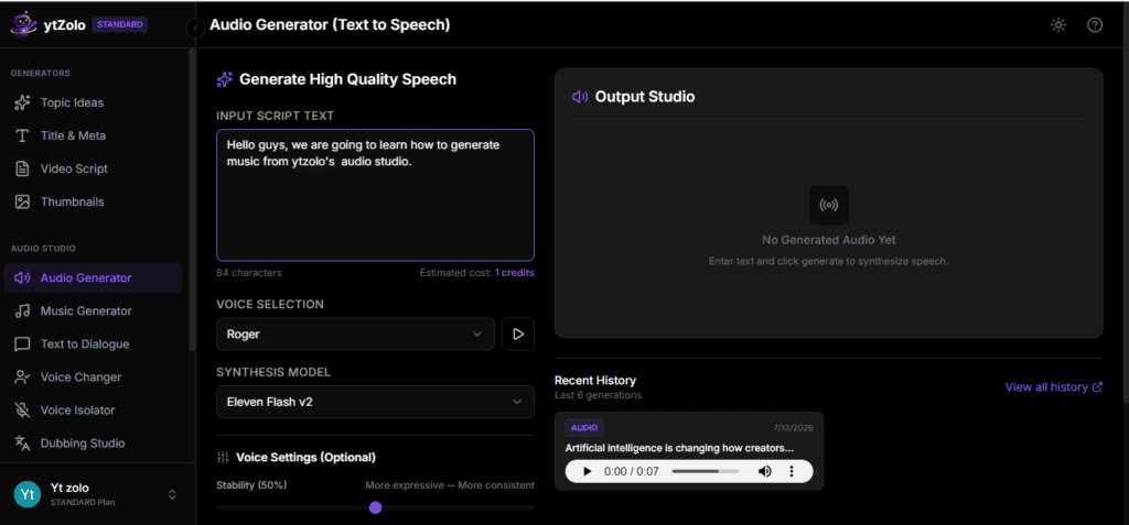 AI Voice Changer vs. AI Voice Generator: What's the Difference? 3 AI voice generator dashboard showing script input field and voice selection panel