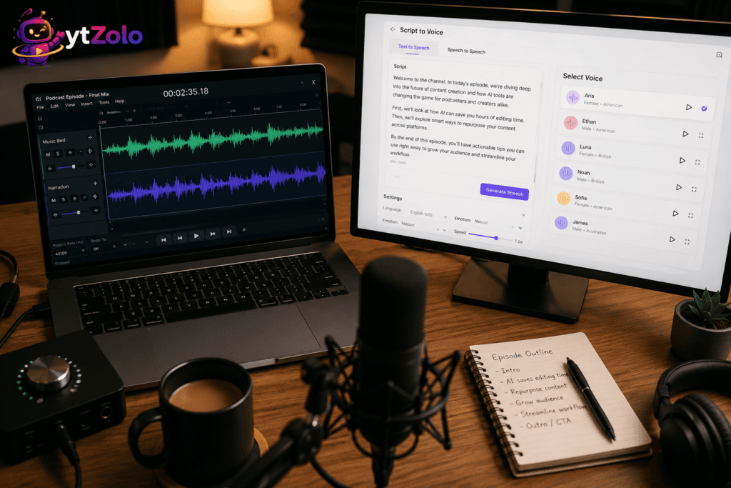 AI Voice Generator for Podcasters: A Production Workflow Guide 2 AI voice generator for podcasts shown on a laptop next to a podcast microphone setup.