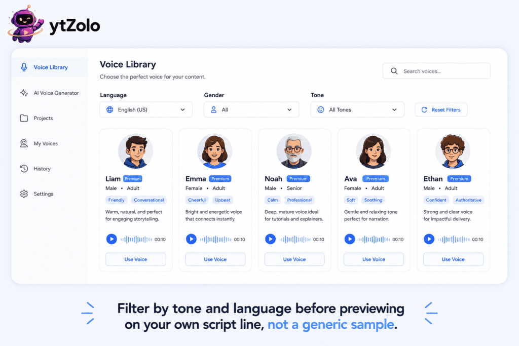 AI voice generator library with filters for tone, language, and gender