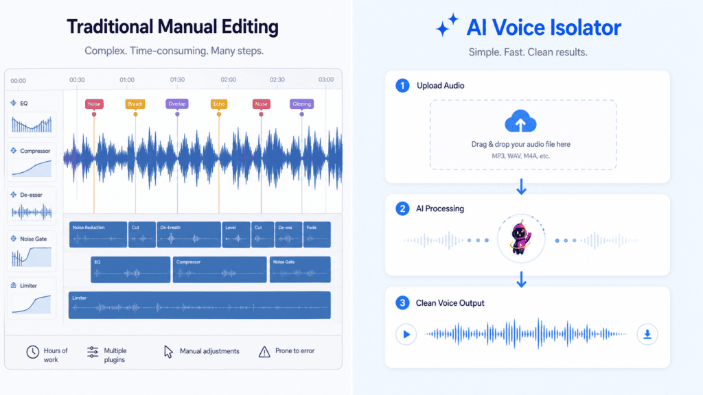 AI Voice Isolator vs. Traditional Audio Editing Software: Which Is Right for You? 6 AI voice isolator vs audio editing software workflow comparison graphic
