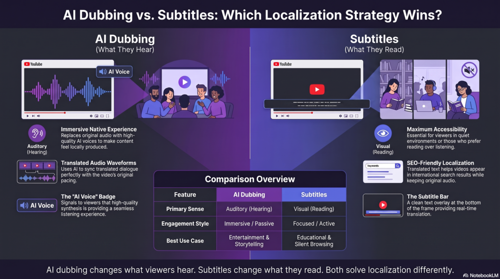 Comparison illustration of AI dubbing versus subtitles for YouTube videos