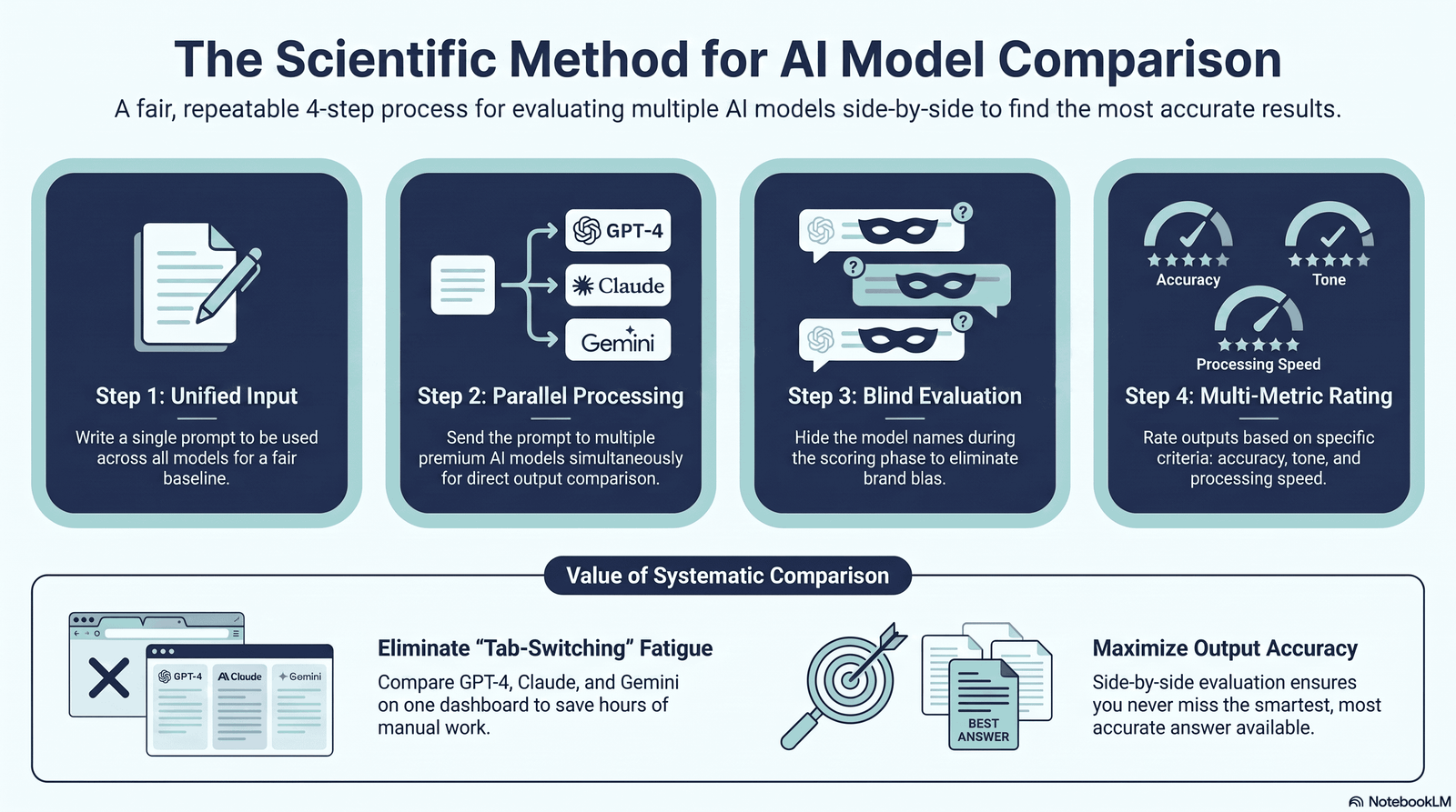Side by Side AI Comparison: The Complete 2026 Guide to Comparing ChatGPT, Claude, Gemini, and Every Major AI Model 1 Flowchart showing the four steps of a fair side by side AI comparison methodology