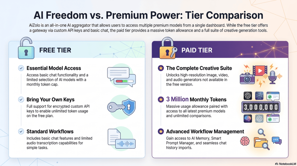 AI Aggregator: The Complete 2026 Guide to All-in-One AI Platforms 8 Infographic comparing free and paid AI aggregator features