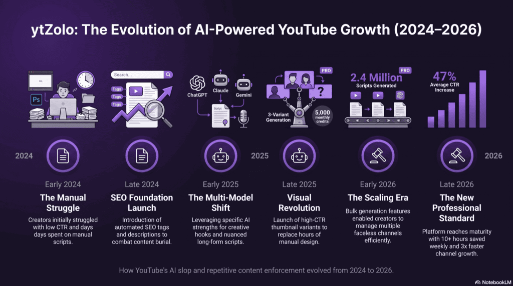 YouTube Repetitive Content Policy & AI Slop 2026: What Every Creator Needs to Know 7 Timeline of YouTube's repetitive content and AI slop policy changes from 2024 to 2026.