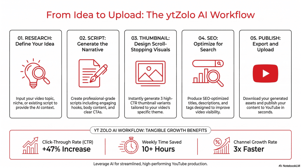 ytZolo vs VidIQ vs TubeBuddy: The Complete 2026 Comparison 5 Diagram showing YouTube content workflow from idea generation to publishing