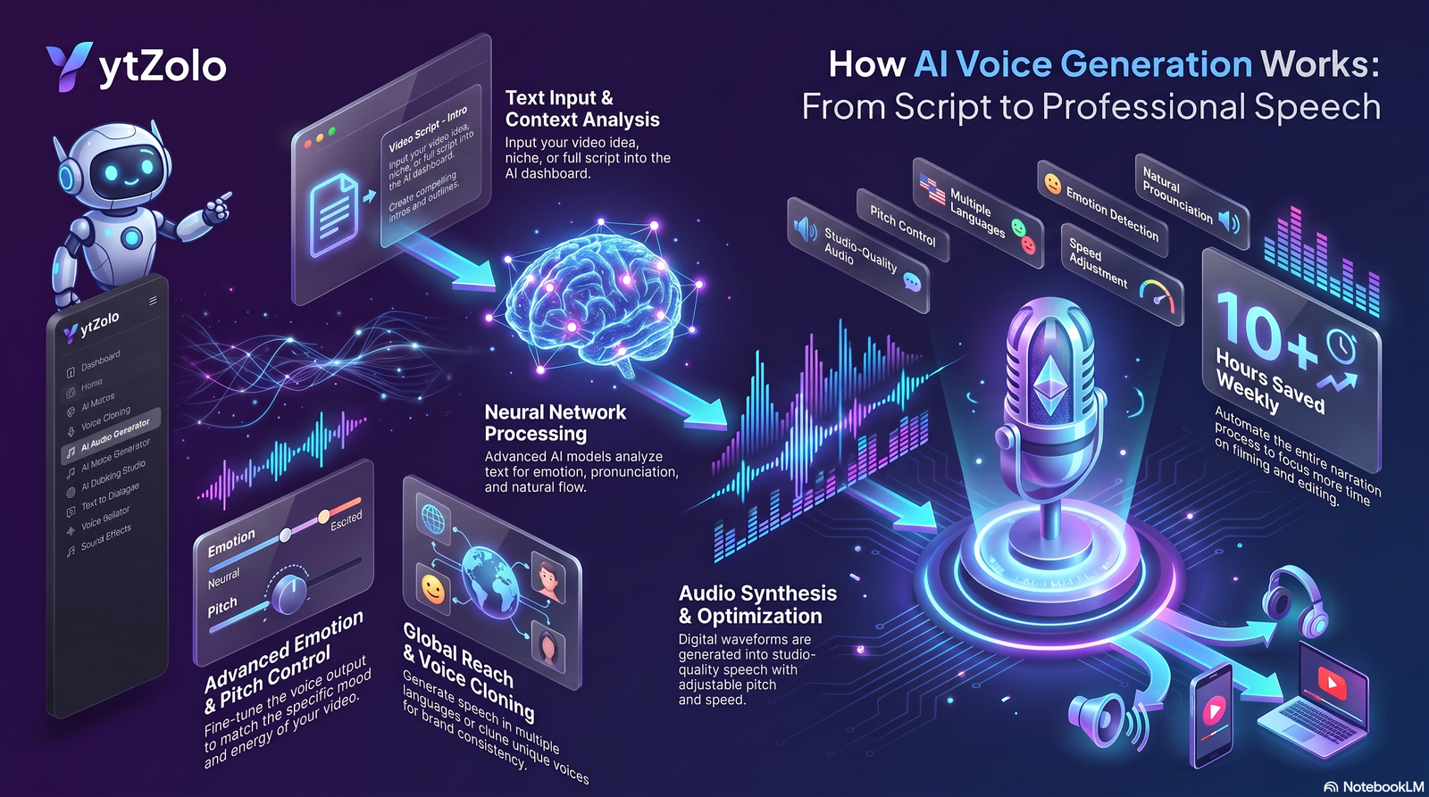 Illustration explaining how an AI voice generator converts text into realistic human speech using artificial intelligence, neural text-to-speech models, and audio processing.