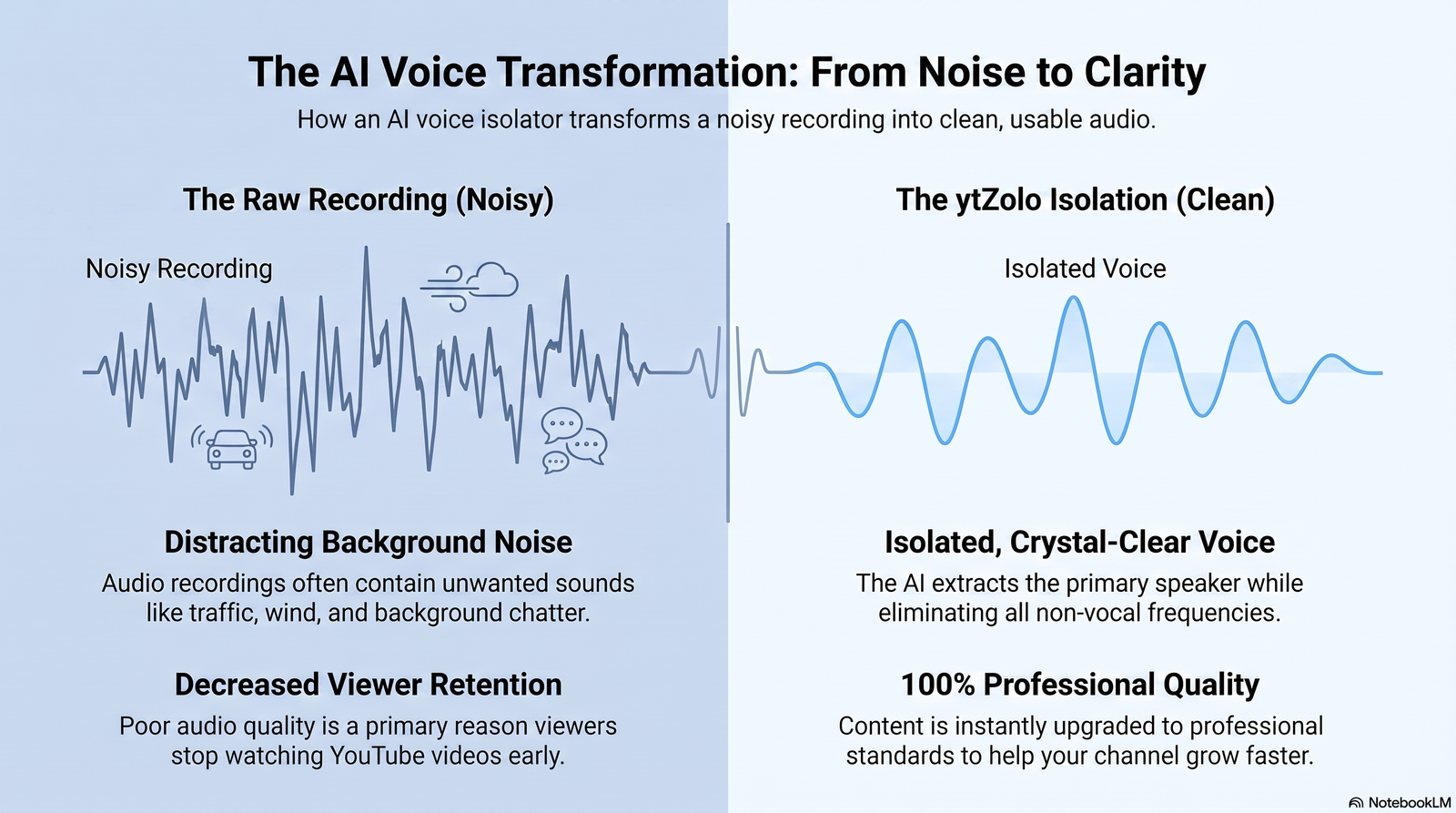 AI Voice Isolator: The Complete Guide to Clean Audio in 2026 1 AI voice isolator comparison showing noisy waveform versus clean isolated voice waveform