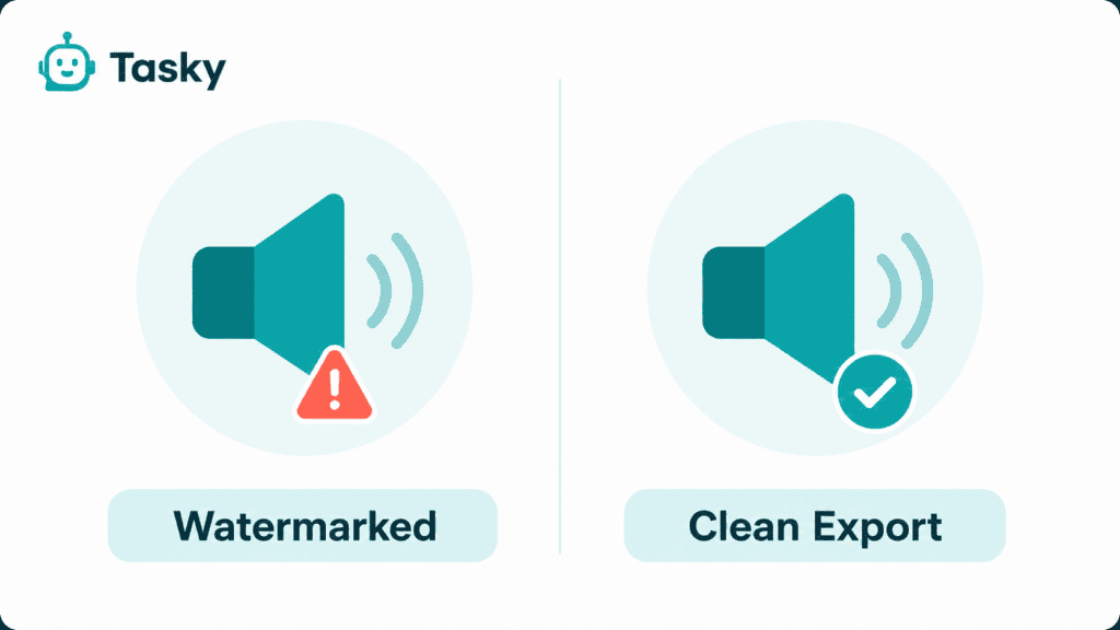 Best Free AI Sound Effects Generator Tools in 2026 (No Watermark, Real Credits) 4 Infographic comparing watermarked audio output versus clean no-watermark sound effect export