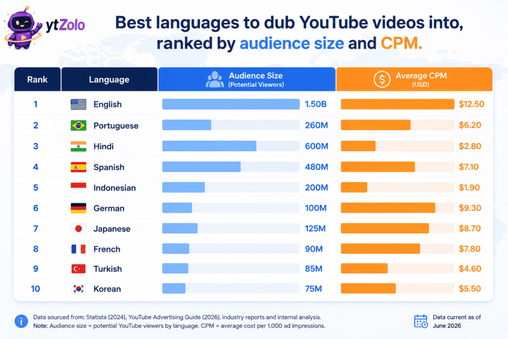 Best Languages to Dub Your YouTube Videos Into (2026 Data-Backed Guide) 2 Bar chart comparing YouTube dubbing languages by audience size and average CPM in 2026.