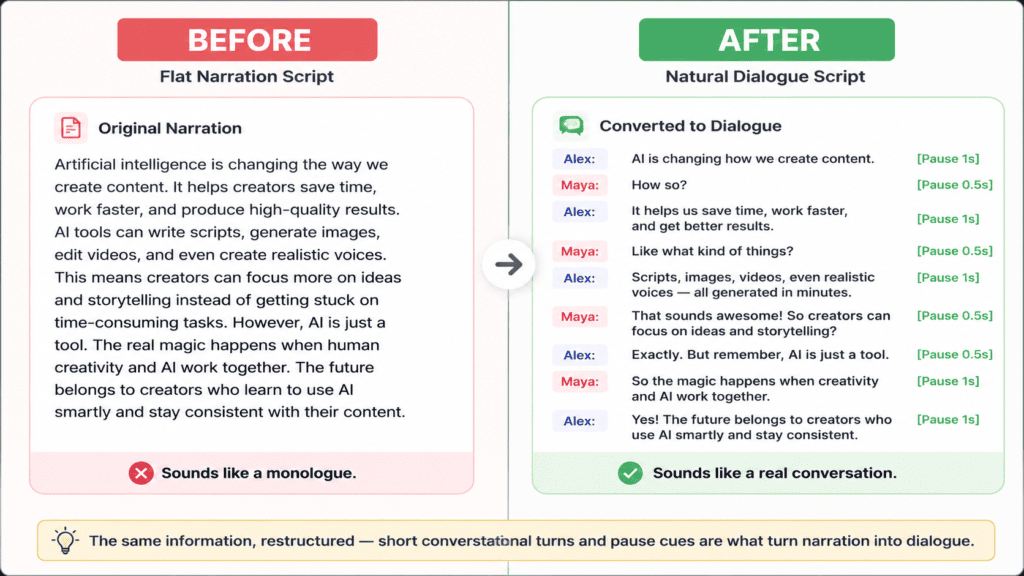 Before and after comparison showing how to convert text to dialogue from flat narration.