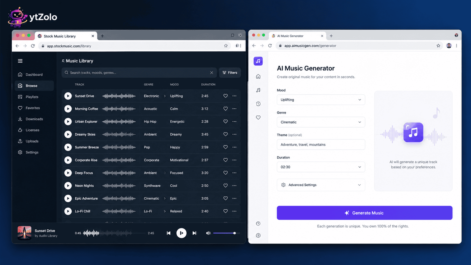 AI Music Generator vs. Stock Music Libraries: Which Should You Use? 6 Browser tabs comparing a stock music library and an AI music generator interface.