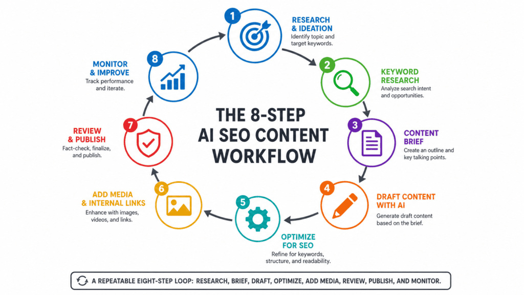 Circular diagram showing the eight steps of an AI SEO content workflow looping back to research.