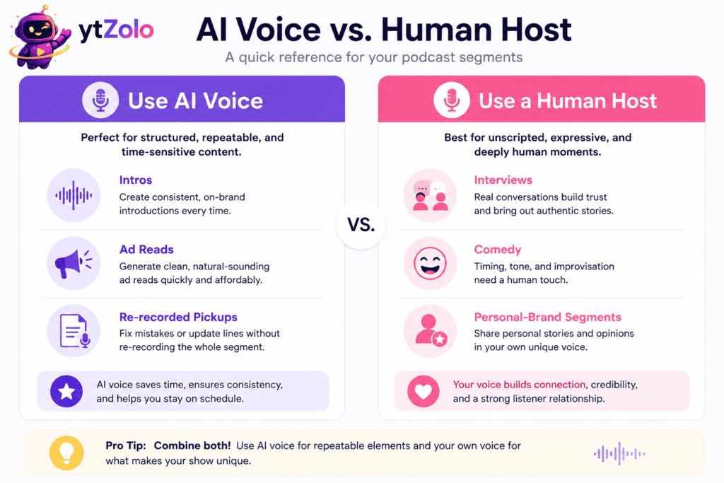 AI Voice Generator for Podcasters: A Production Workflow Guide 6 A quick reference for deciding which podcast segments suit an AI voice generator and which still need a human host.
