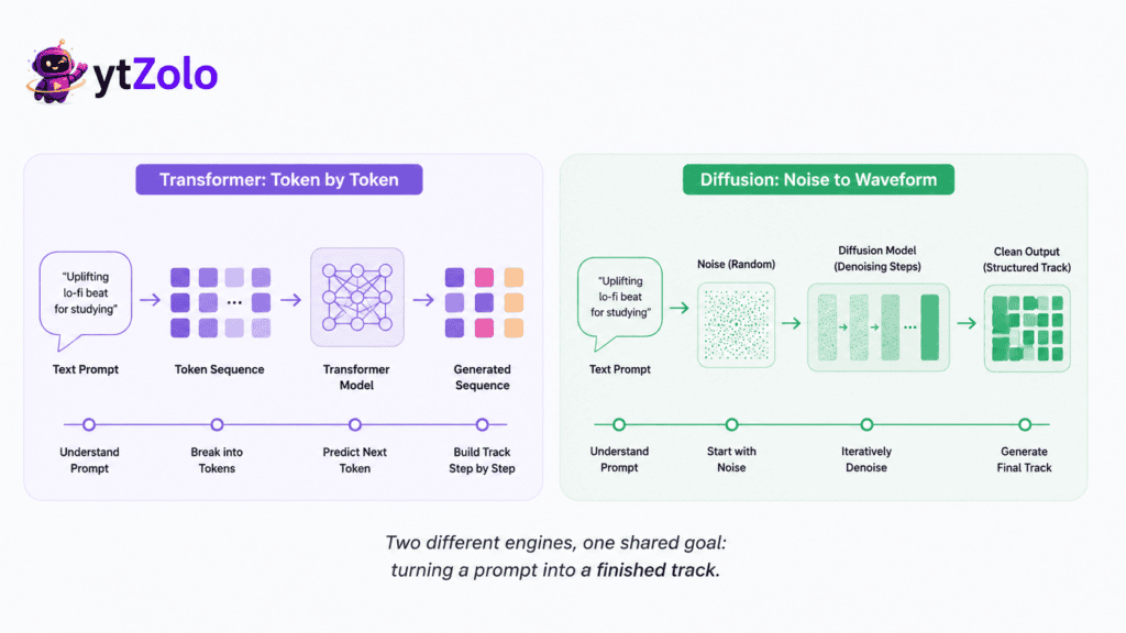 Text-to-Music AI Explained: How It Actually Works 3 Comparison diagram of transformer-based and diffusion-based text to music AI generation methods.