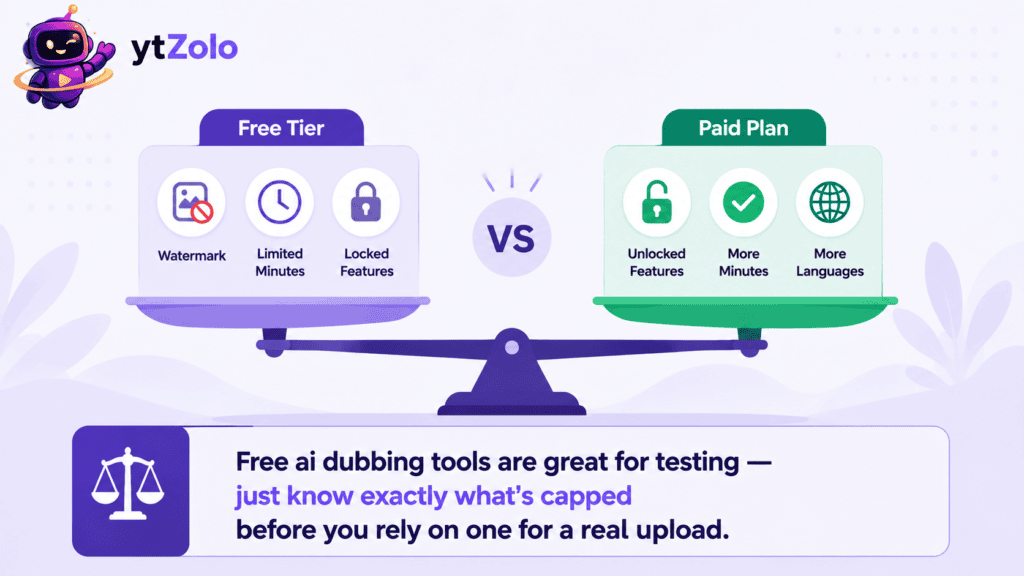 Comparison graphic of free versus paid AI dubbing tier limitations.