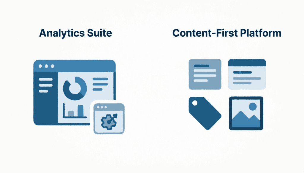 Top YouTube Description Generator Tools 2026: What Actually Works 6 Comparison graphic showing description generators as a bolted-on analytics feature versus a core content-platform component.