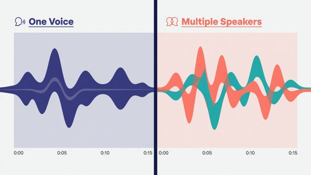 Comparison graphic showing single-voice narration waveform versus multi-speaker dialogue waveform