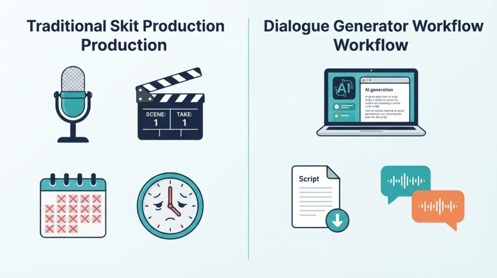 Generate YouTube Skits Using AI Dialogue 3 Comparison graphic showing traditional voice-actor skit production versus an AI dialogue generator workflow for YouTube creators