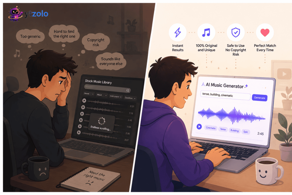 Comparison illustration of manual stock music search versus AI music generation from a text prompt.