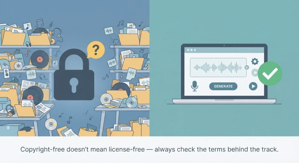 Is AI-Generated Music Copyright Free? A Creator's Guide 3 Comparison illustration showing licensing uncertainty in stock music versus clearer AI music generator licensing.
