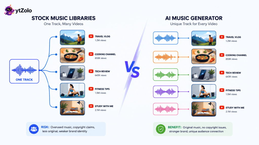 AI Music Generator vs. Stock Music Libraries: Which Should You Use? 4 Comparison showing reused stock music track versus unique AI-generated tracks per channel.