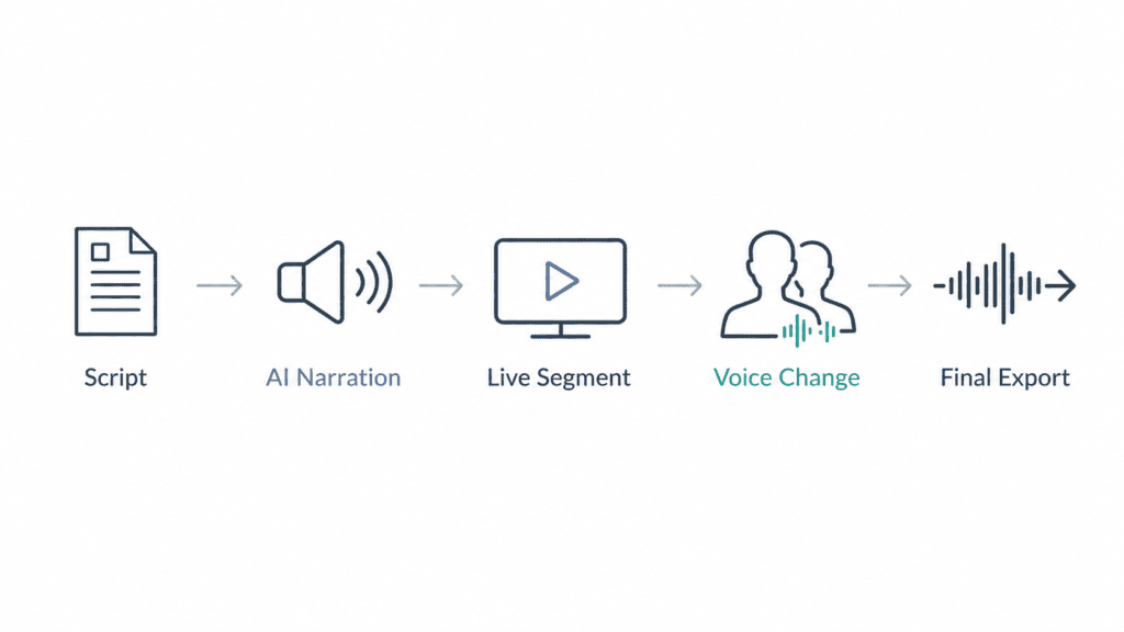 AI Voice Changer vs. AI Voice Generator: What's the Difference? 6 Content production workflow combining AI voice generation, voice changing, and voice isolation
