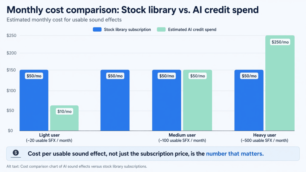 AI Sound Effects vs Stock Sound Libraries: Which Should YouTubers Use? 2 Cost comparison chart of AI sound effects versus stock library subscriptions.