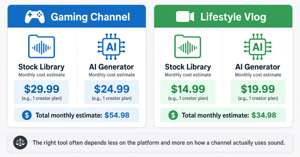 AI Sound Effects vs Stock Sound Libraries: Which Should YouTubers Use? 6 Cost comparison example for gaming channel versus lifestyle vlog sound effects usage.