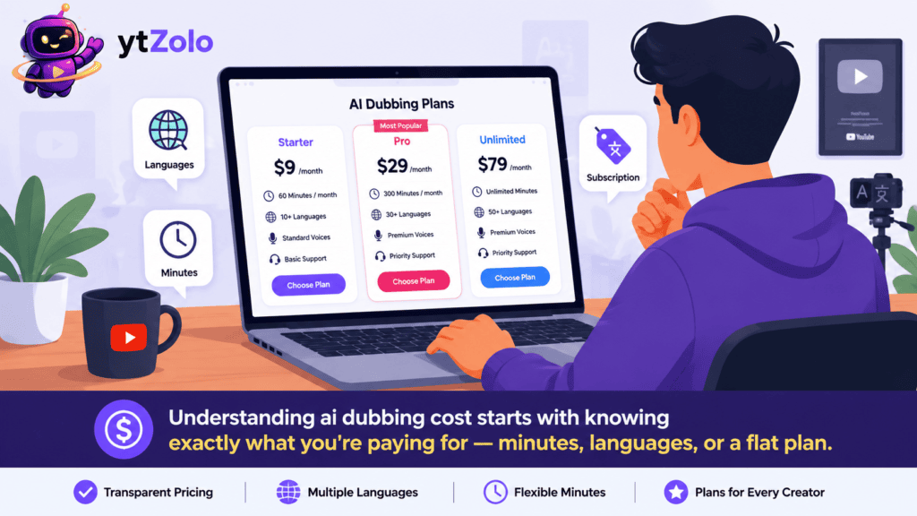 Creator comparing AI dubbing pricing plans on a laptop screen