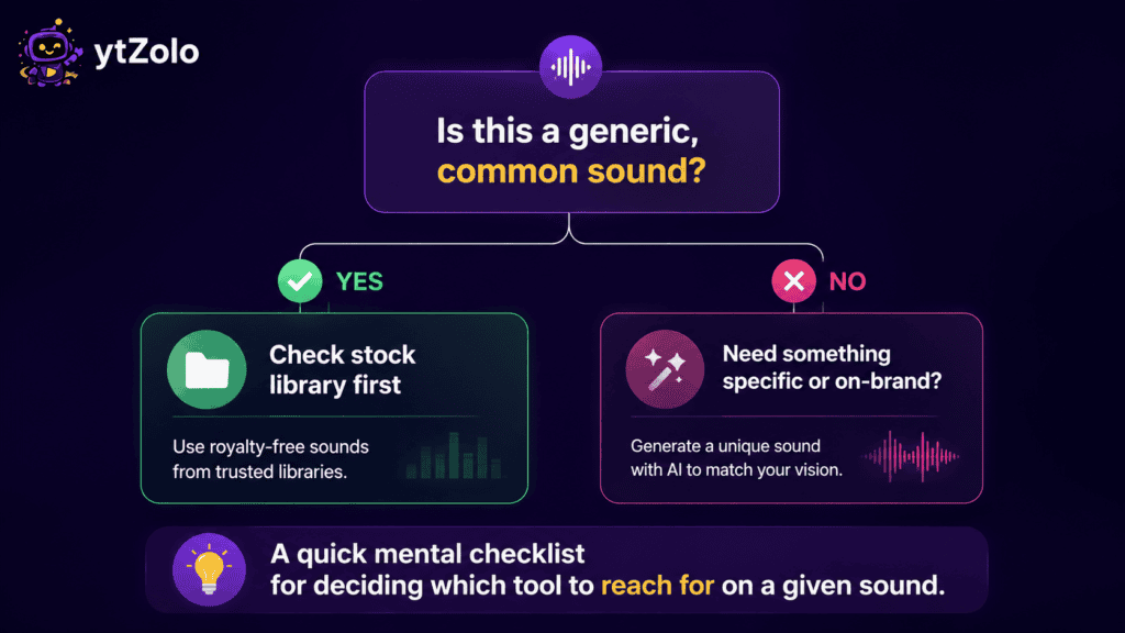 AI Sound Effects vs Stock Sound Libraries: Which Should YouTubers Use? 5 Decision flowchart for choosing AI sound effects versus stock library sounds.