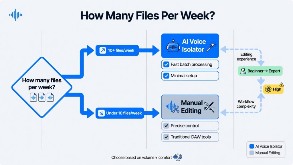 AI Voice Isolator vs. Traditional Audio Editing Software: Which Is Right for You? 7 Decision flowchart for choosing an AI voice isolator vs audio editing software
