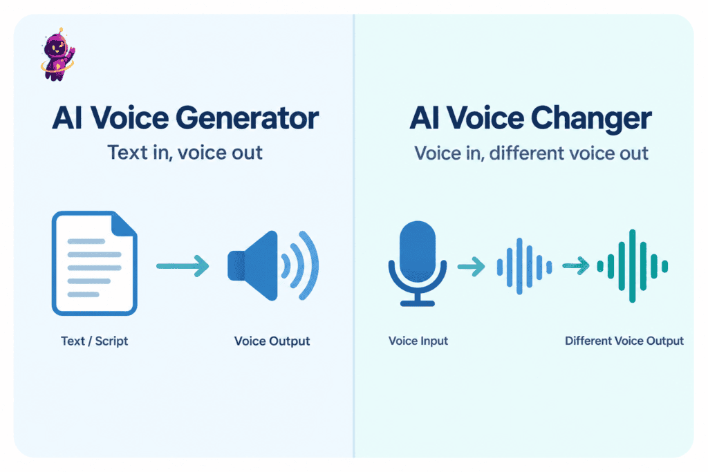 AI Voice Changer vs. AI Voice Generator: What's the Difference? 2 Diagram comparing AI voice generator text-to-speech input versus AI voice changer voice-to-voice input