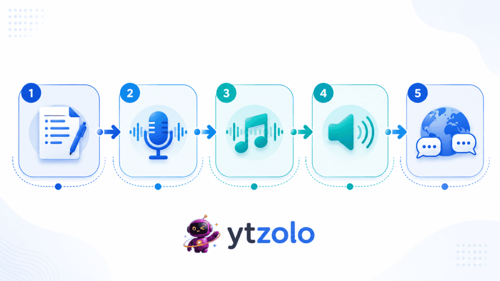 Diagram of an AI video production workflow showing script, voice, music, sound effects, and dubbing stages.
