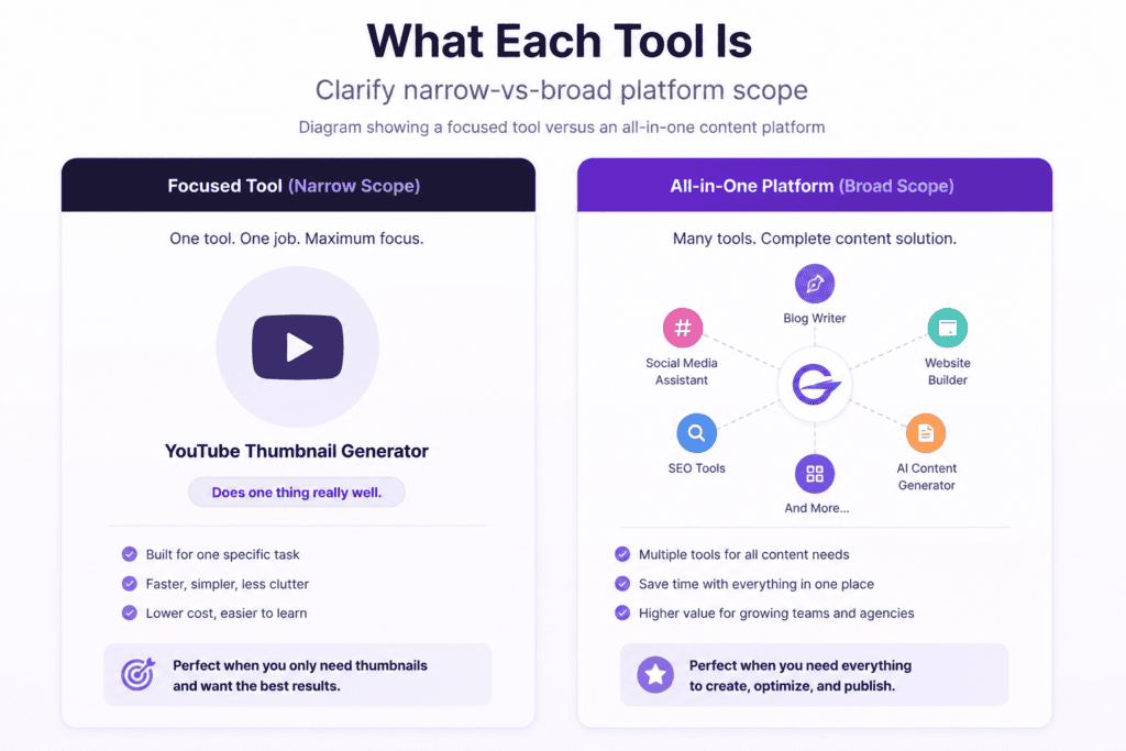 Diagram showing a focused tool versus an all-in-one content platform