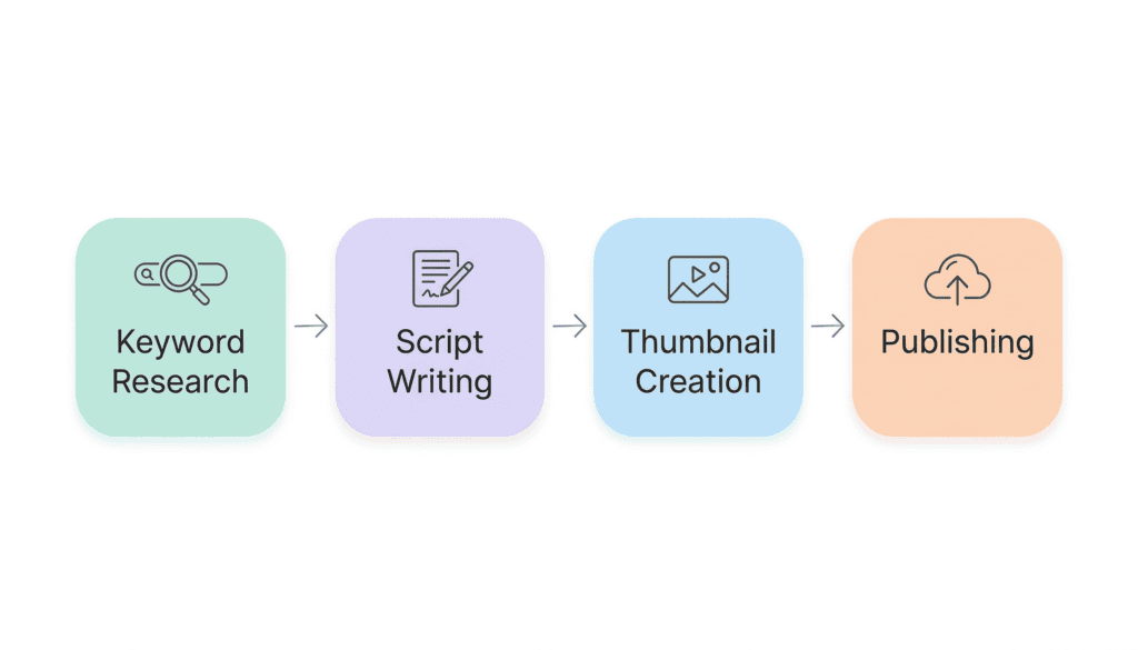 ytZolo vs Subscribr vs VidIQ: The Complete 2026 Comparison 7 Diagram showing a four-step YouTube content workflow from keyword research to publishing
