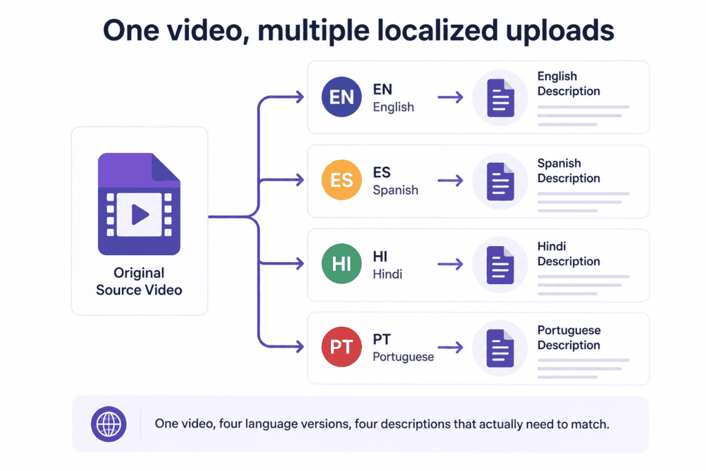 Top YouTube Description Generator Tools 2026: What Actually Works 9 Diagram showing one source video branching into four localized description sets for different languages
