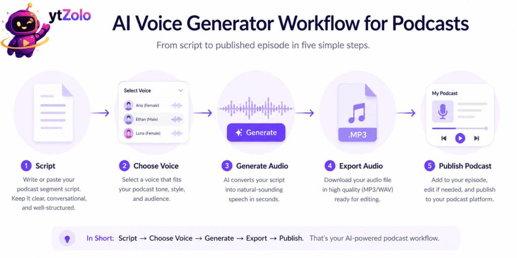 AI Voice Generator for Podcasters: A Production Workflow Guide 3 Diagram showing the podcast AI voice generator production workflow from script to publish.