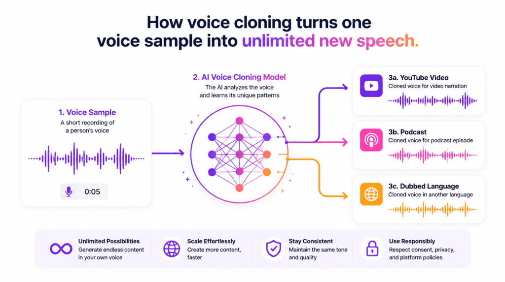 AI Voice Cloning for YouTube Creators: Legal, Ethical & Practical Guide 2 Diagram showing the voice cloning process from voice sample to cloned speech output