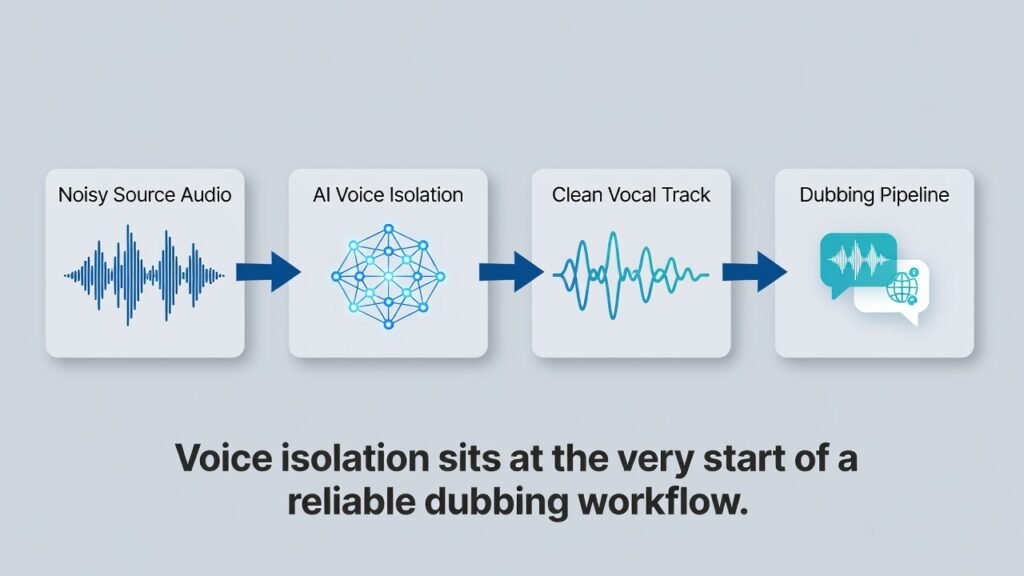 Voice Isolation for Video Dubbing: A Step-by-Step Workflow 1 Current image: Diagram showing voice isolation as the first step before AI dubbing.