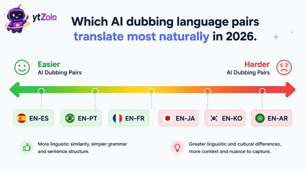 Best Languages to Dub Your YouTube Videos Into (2026 Data-Backed Guide) 4 Difficulty scale diagram showing easier and harder AI dubbing language pairs for YouTube.