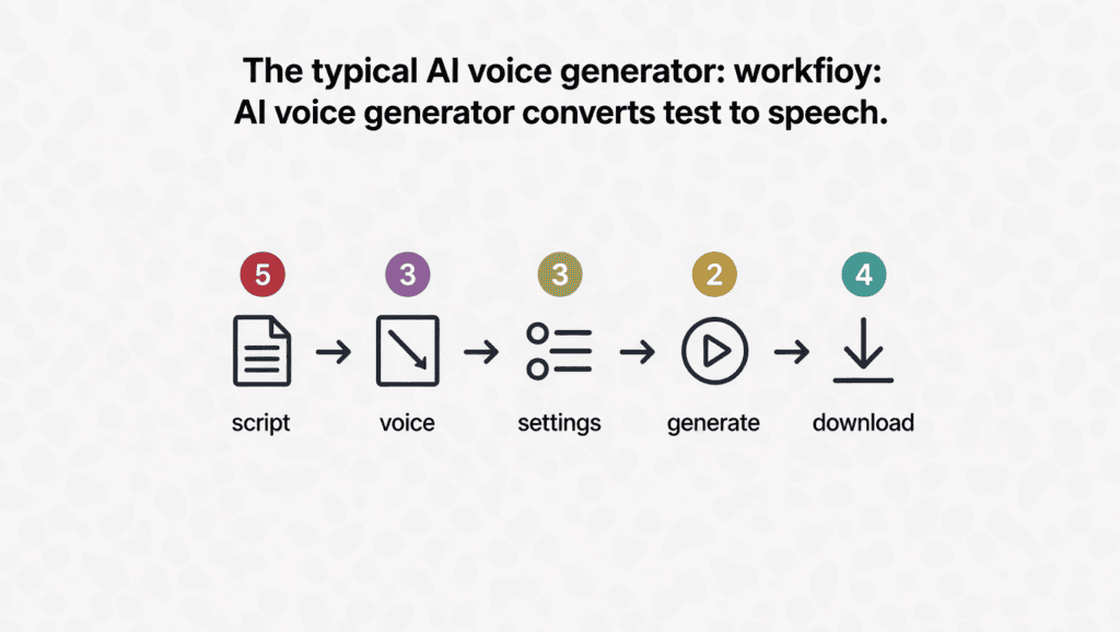 AI Voice Generator — Turn Text into Natural-Sounding Speech 2 Five-step diagram showing how an AI voice generator converts text to speech