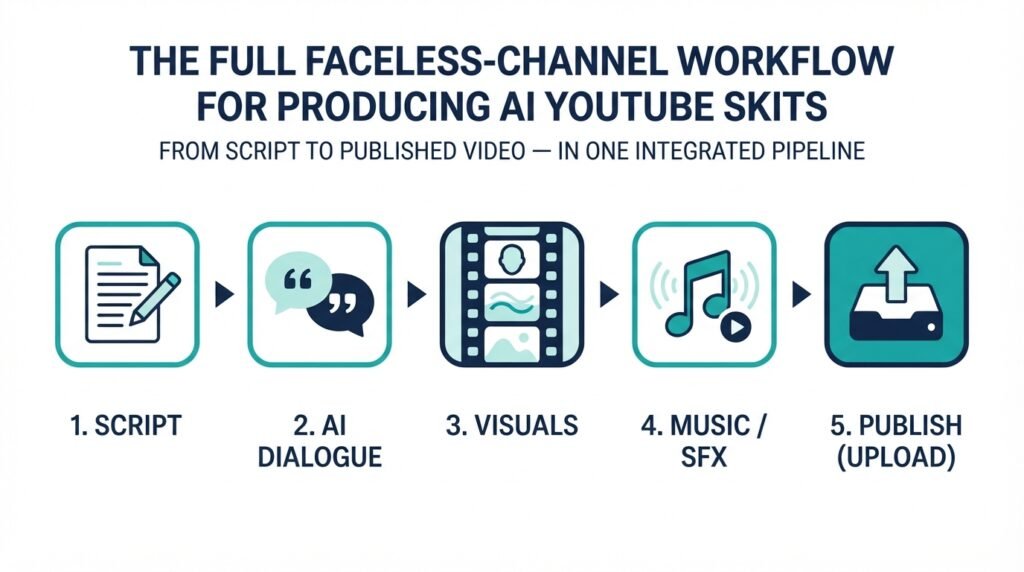 Generate YouTube Skits Using AI Dialogue 5 Five-step flowchart of a faceless YouTube skit production pipeline from script to AI dialogue to upload