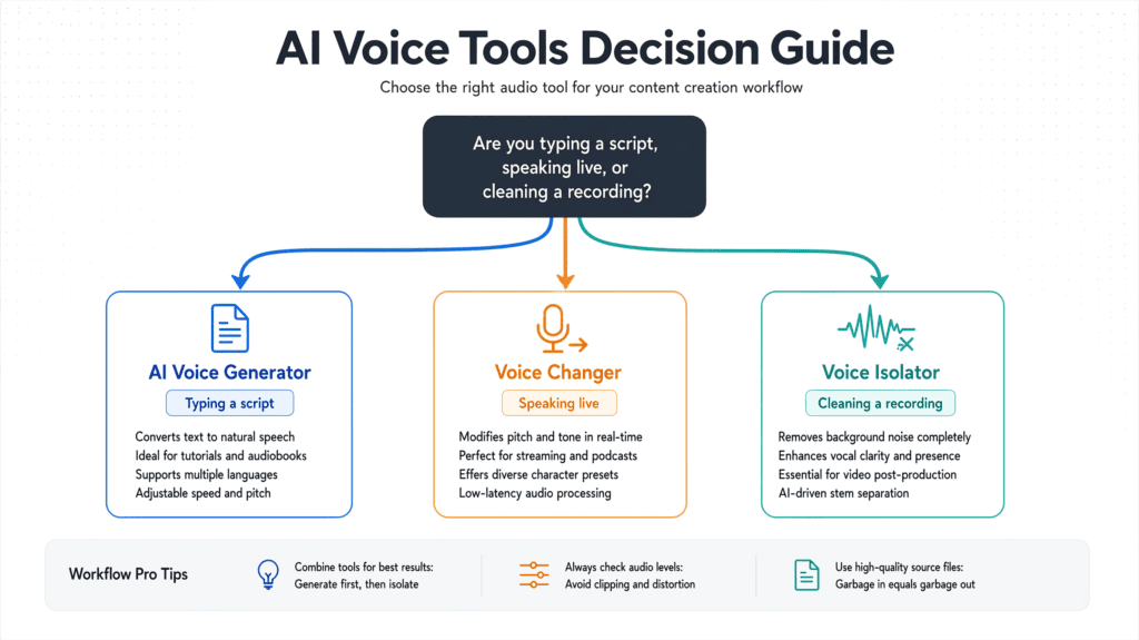 AI Voice Changer vs. AI Voice Generator: What's the Difference? 5 Flowchart helping creators choose between an AI voice generator, voice changer, or voice isolator