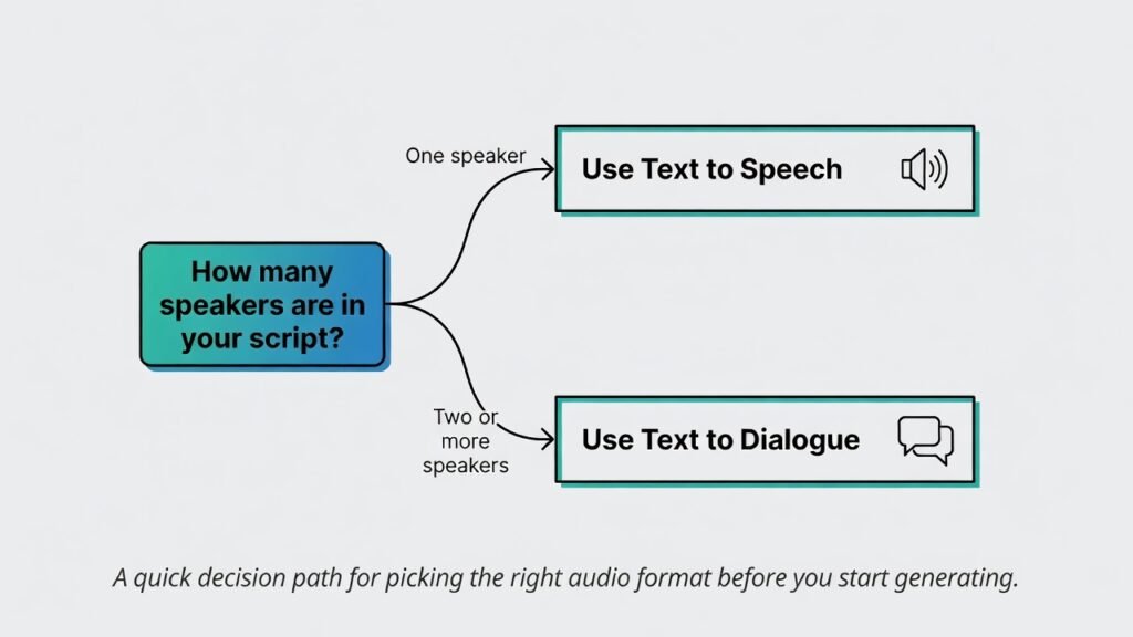 Flowchart showing when to choose text to speech narration versus text to dialogue based on number of speakers