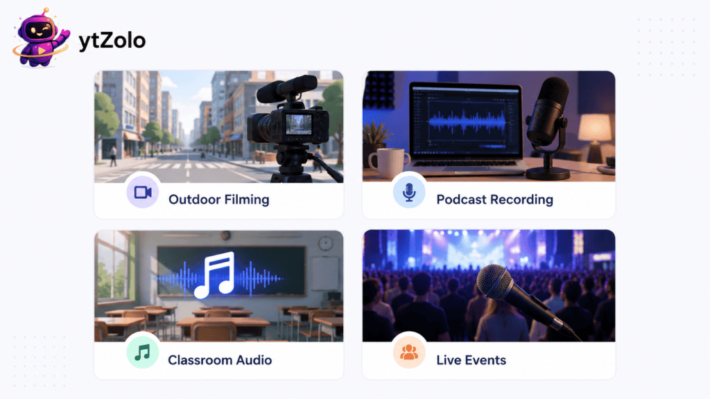 Vocal Isolation vs. Noise Reduction: What's the Difference? 5 Four icons representing common recording scenarios needing audio cleanup.