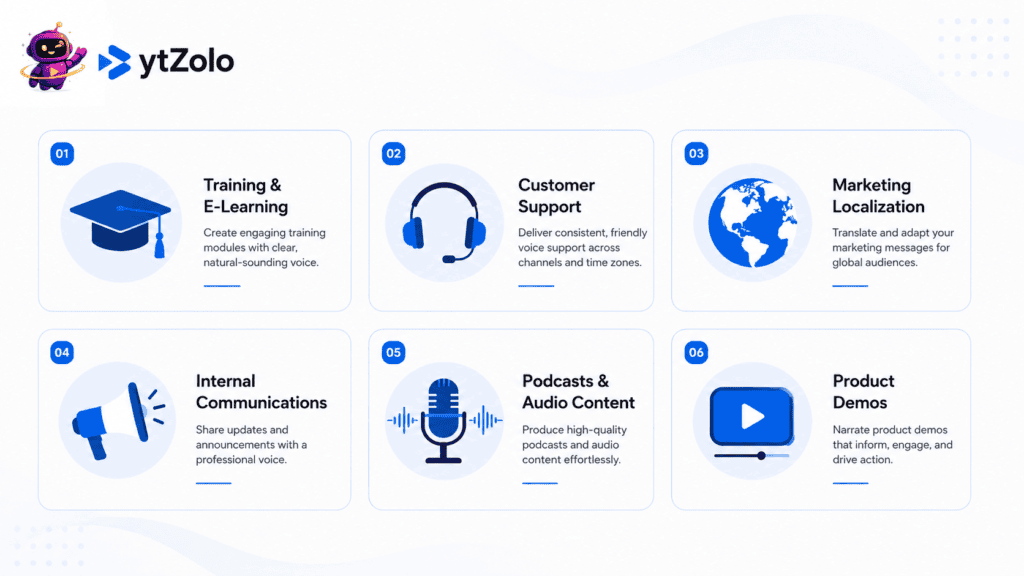 AI Voice Changer for Business: The Complete 2026 Guide for Teams 3 Grid infographic showing six business use cases for an AI voice changer including training, support, and marketing.
