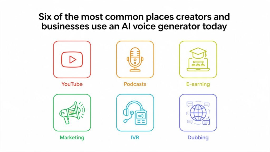 AI Voice Generator — Turn Text into Natural-Sounding Speech 3 Grid of icons showing AI voice generator use cases YouTube, podcasts, e-learning, marketing, IVR, dubbing
