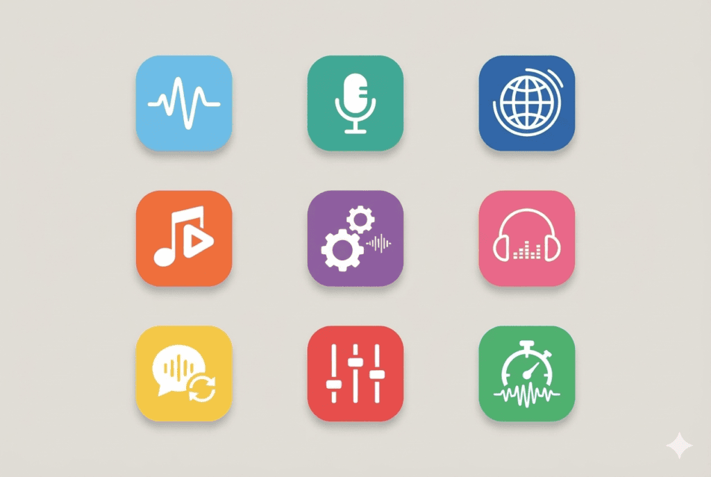 Icon grid representing categories of AI audio generator tools including voice, music, and dubbing