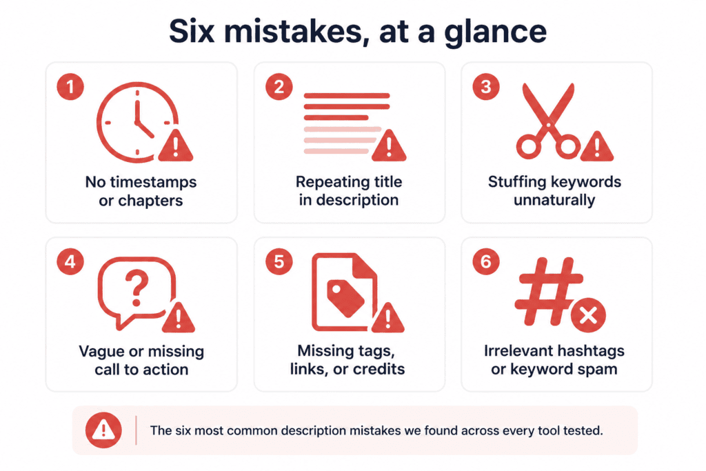 Top YouTube Description Generator Tools 2026: What Actually Works 11 Icon grid summarizing six common YouTube description mistakes creators make