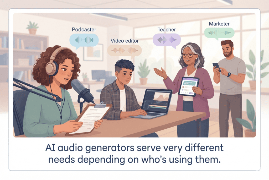 Illustration of creators, podcasters, marketers, and educators each using AI voice tools for different purposes.